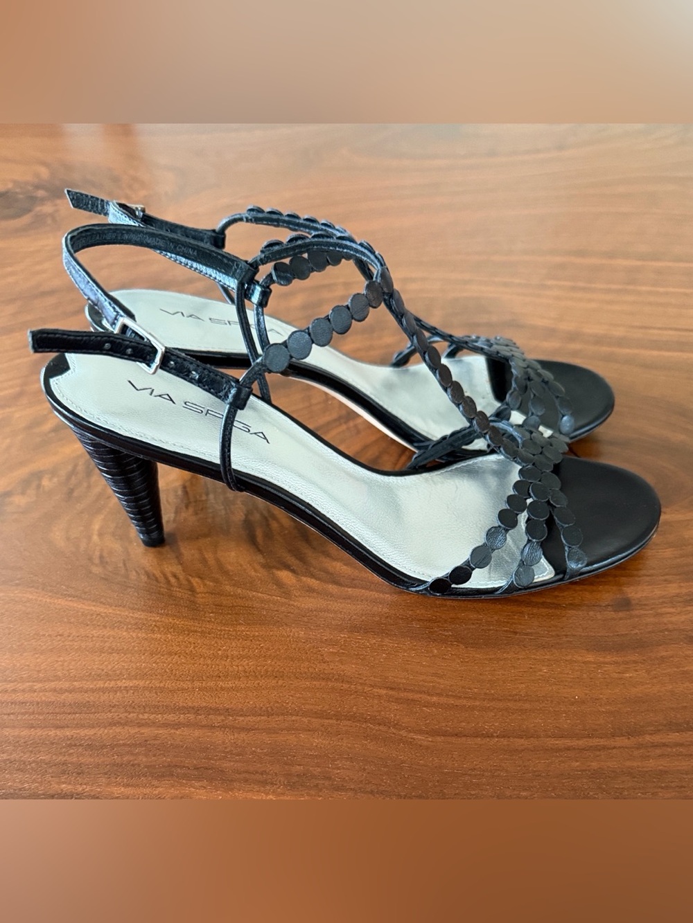 Via Spiga Black Strappy Beaded Slingback Heels